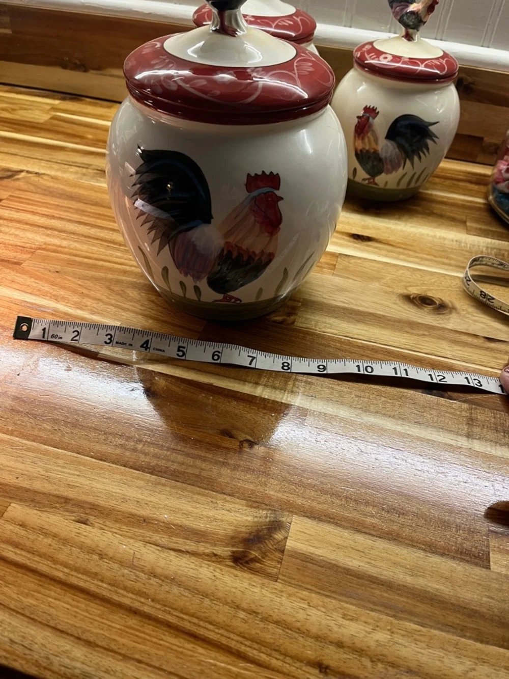 Home Interiors Cream Rooster Ceramic Canister Set with Red Lids